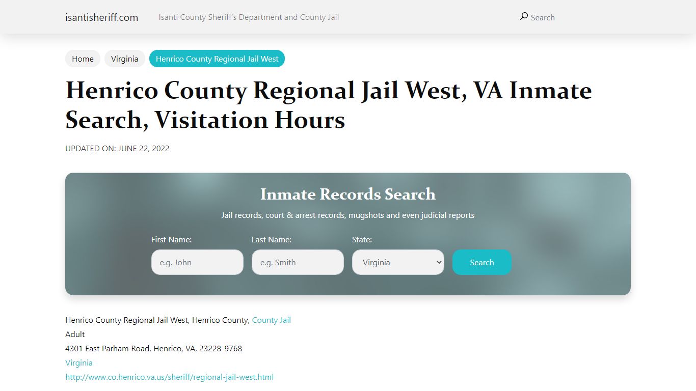 Henrico County Regional Jail West, VA Inmate Search, Visitation Hours